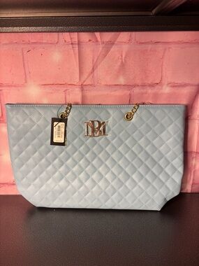 Badgley Mischka Quilted Powder Blue Tote with Gold Hardware
